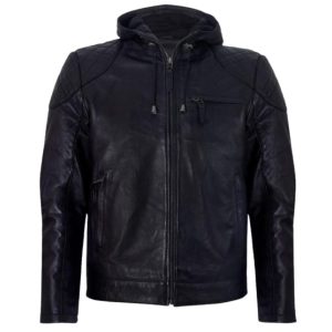 Giubbotto bomber con cappuccio in pelle nera da uomo
