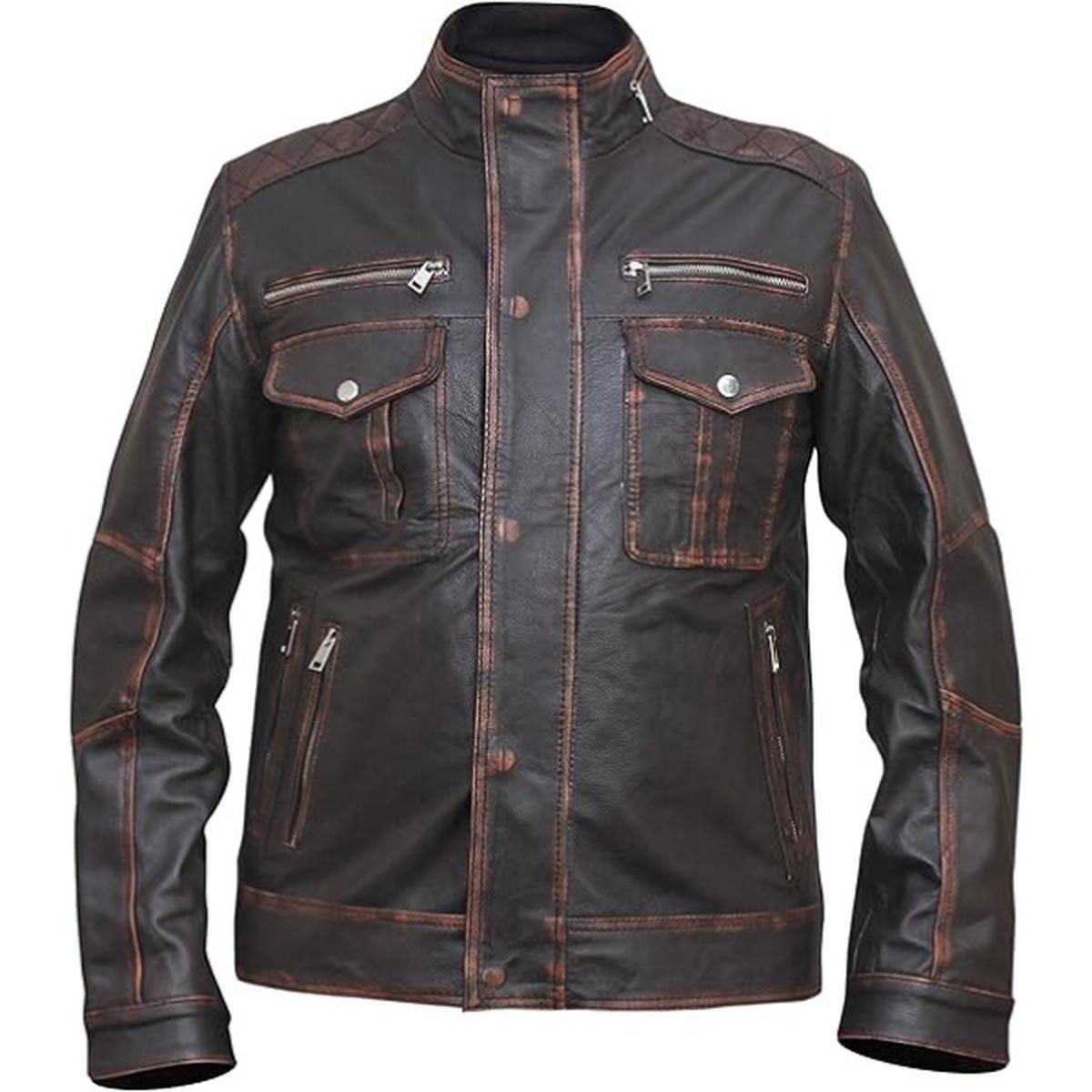 Veste en cuir véritable vintage pour homme, six poches, marron foncé, effet vieilli