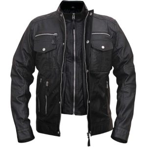 Giacca in pelle di pecora Cafe Racer da uomo, nera