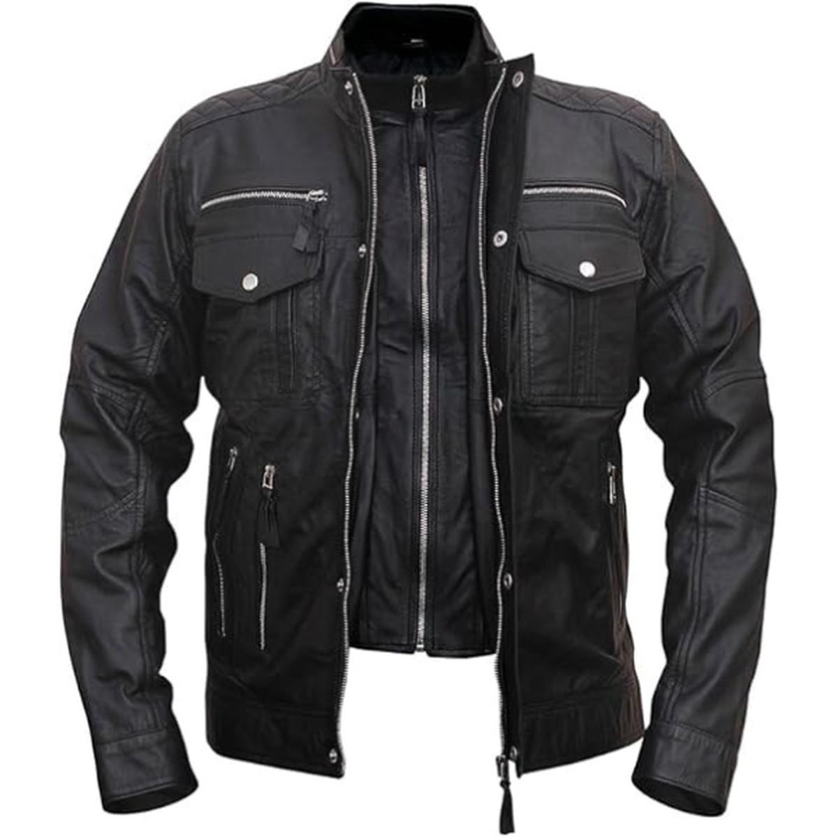 Veste en peau de mouton style café racer pour homme, noire