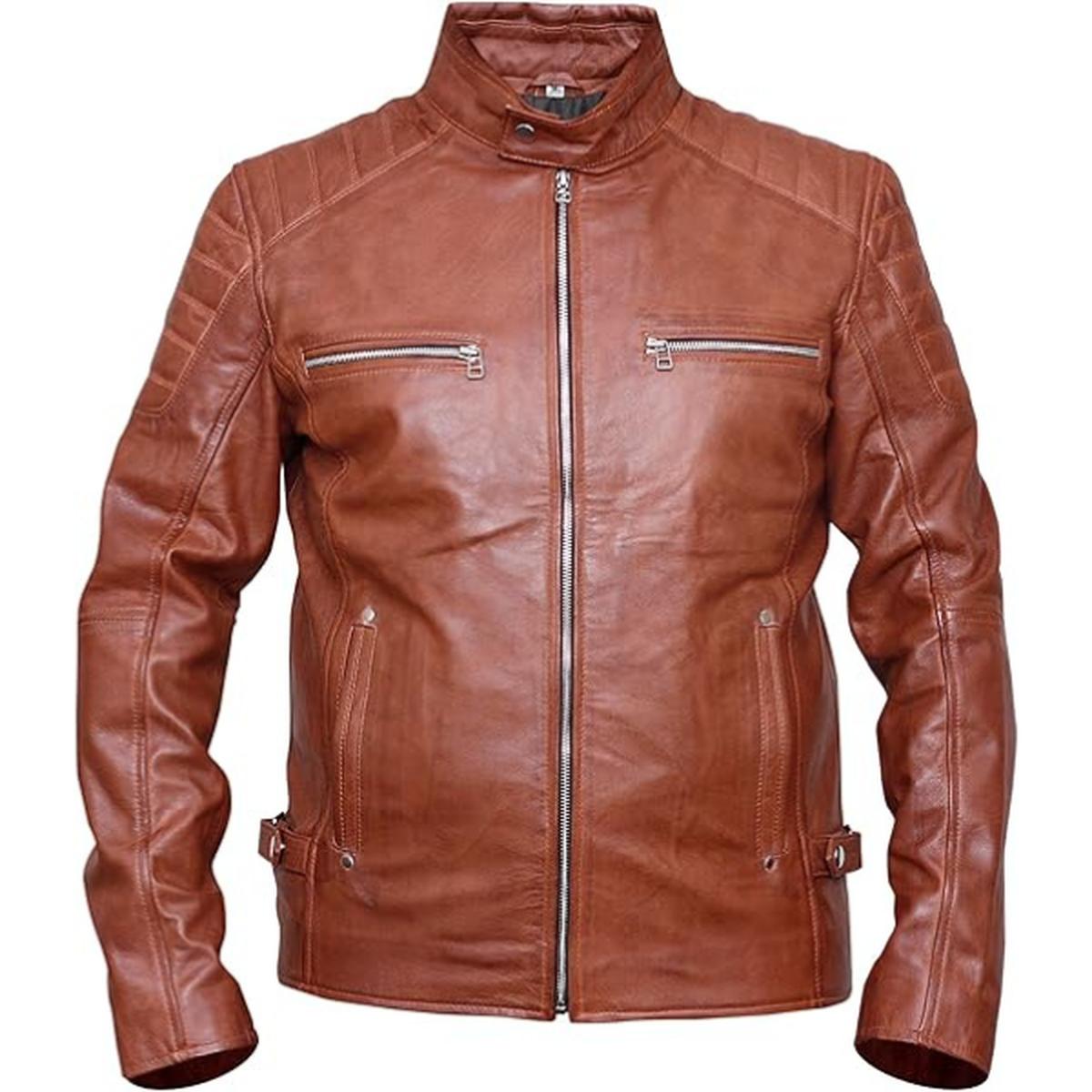 Veste en cuir véritable marron style café racer pour homme