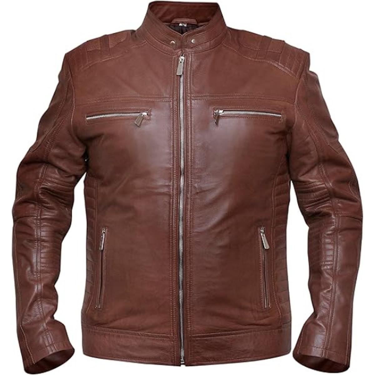Veste en cuir véritable marron foncé style café racer pour homme