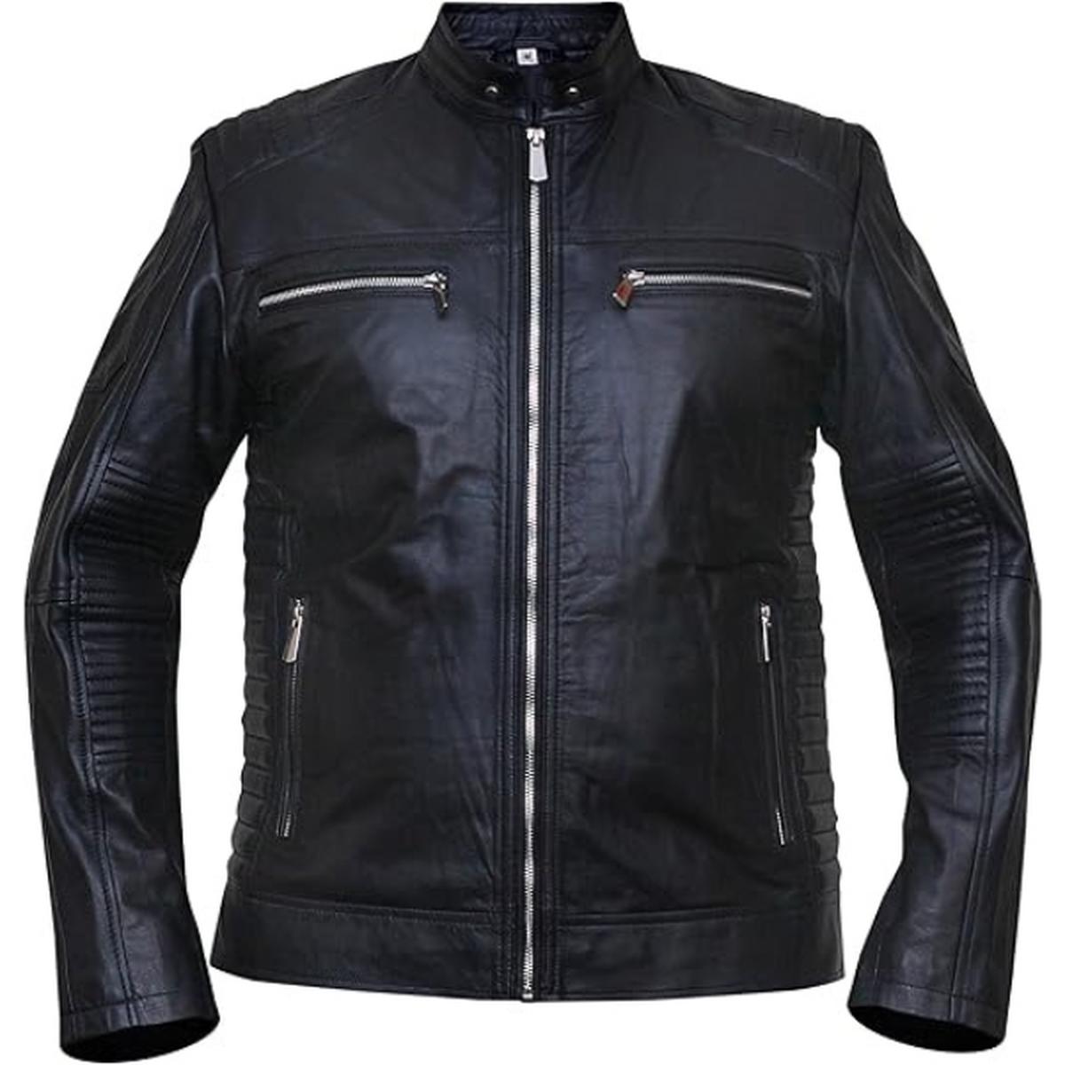 Veste en cuir véritable noir style café racer pour homme