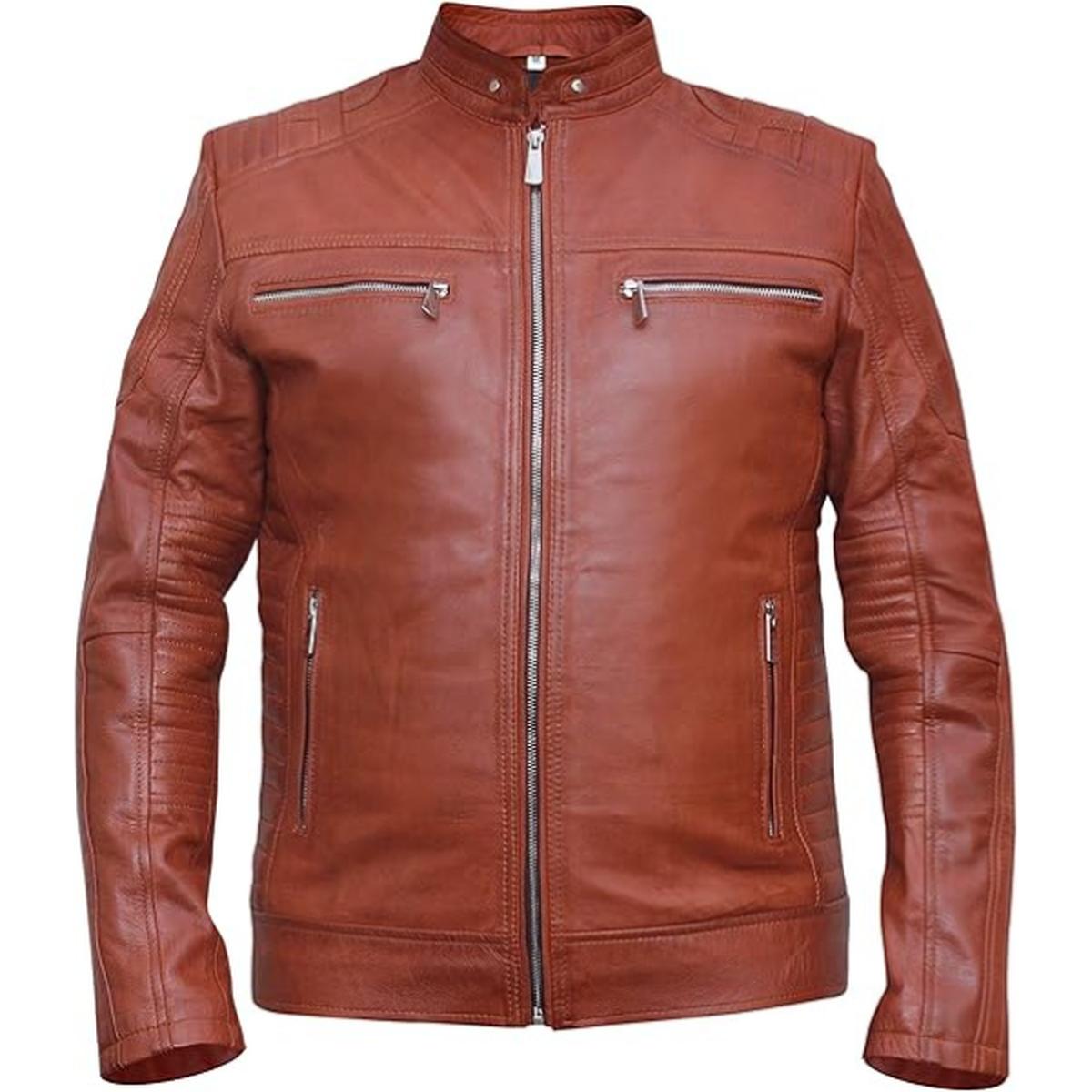 Veste en cuir véritable marron style café racer pour homme