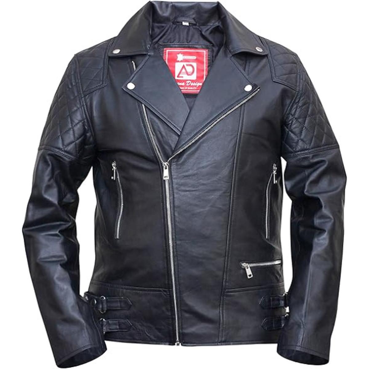 Veste en cuir véritable à fermeture éclair croisée Brando pour homme