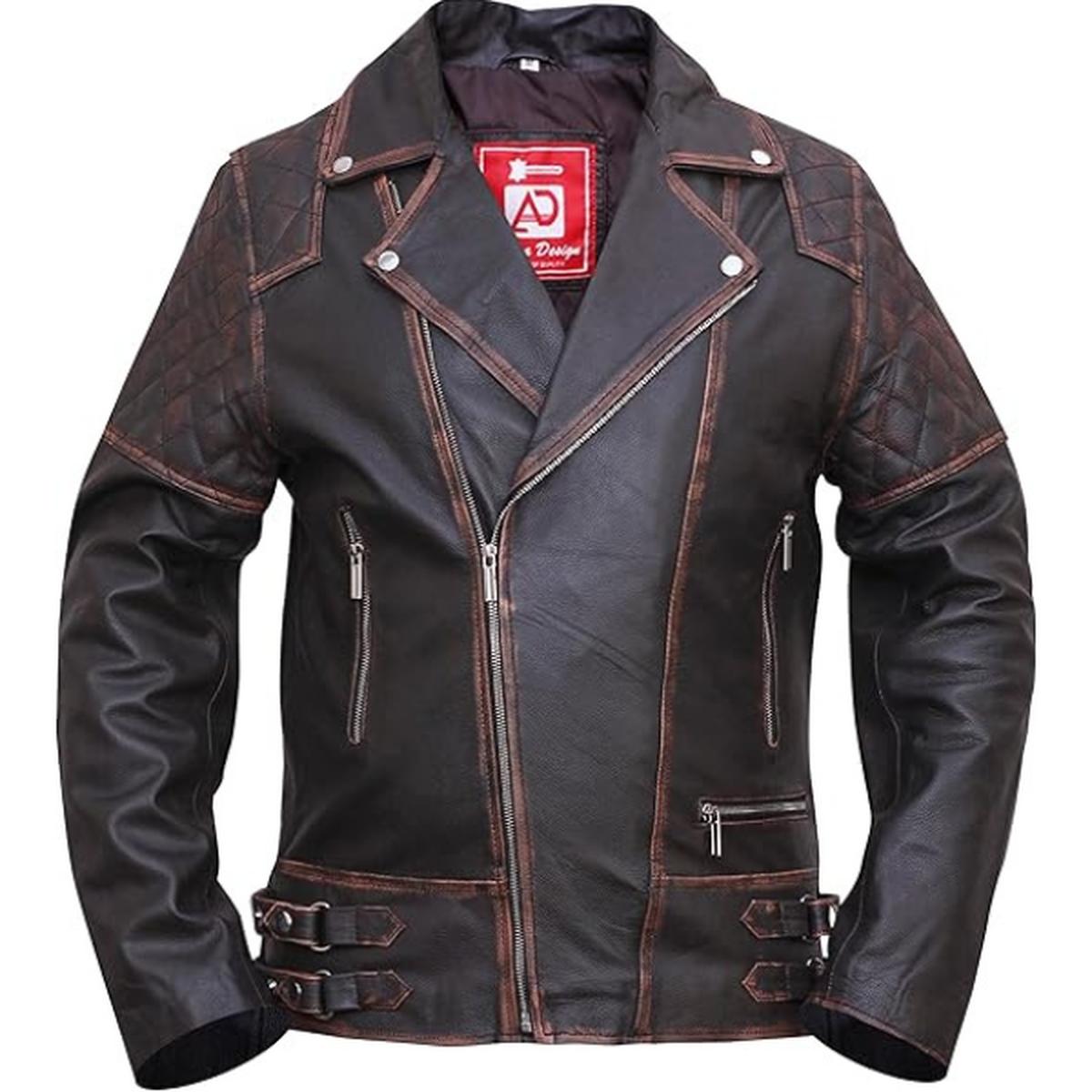 Veste en cuir véritable style motard vintage classique pour homme