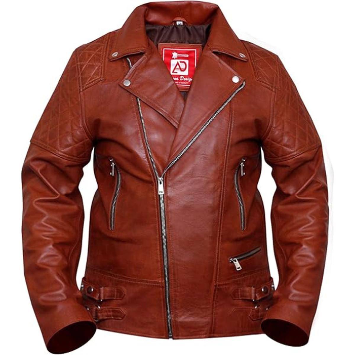 Veste en cuir véritable d’agneau marron pour homme