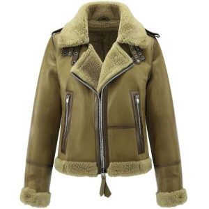 Veste aviateur pour femme en véritable peau de mouton vert olive avec doublure en fourrure de mouton