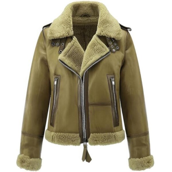 Veste aviateur pour femme en véritable peau de mouton vert olive avec doublure en fourrure de mouton