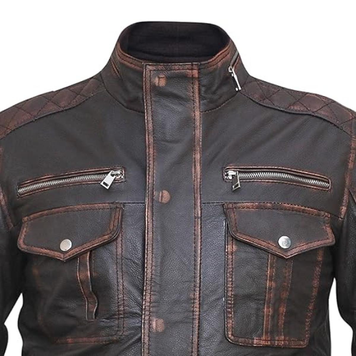 Veste en cuir véritable vintage pour homme, six poches, marron foncé, effet vieilli (3)