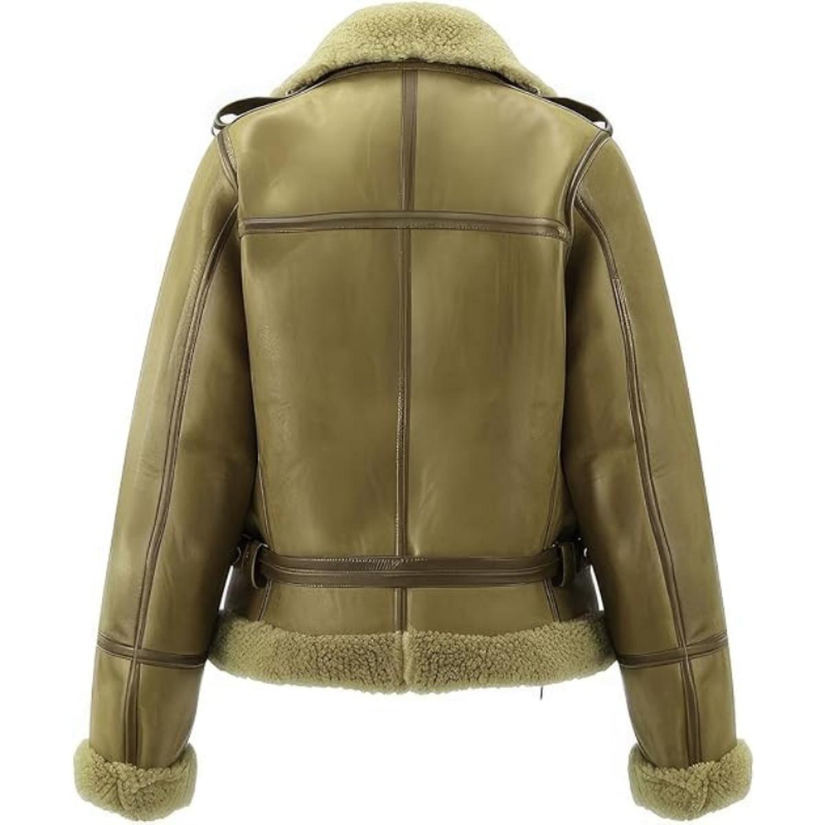 Veste aviateur pour femme en véritable peau de mouton vert olive avec doublure en fourrure de mouton (3)