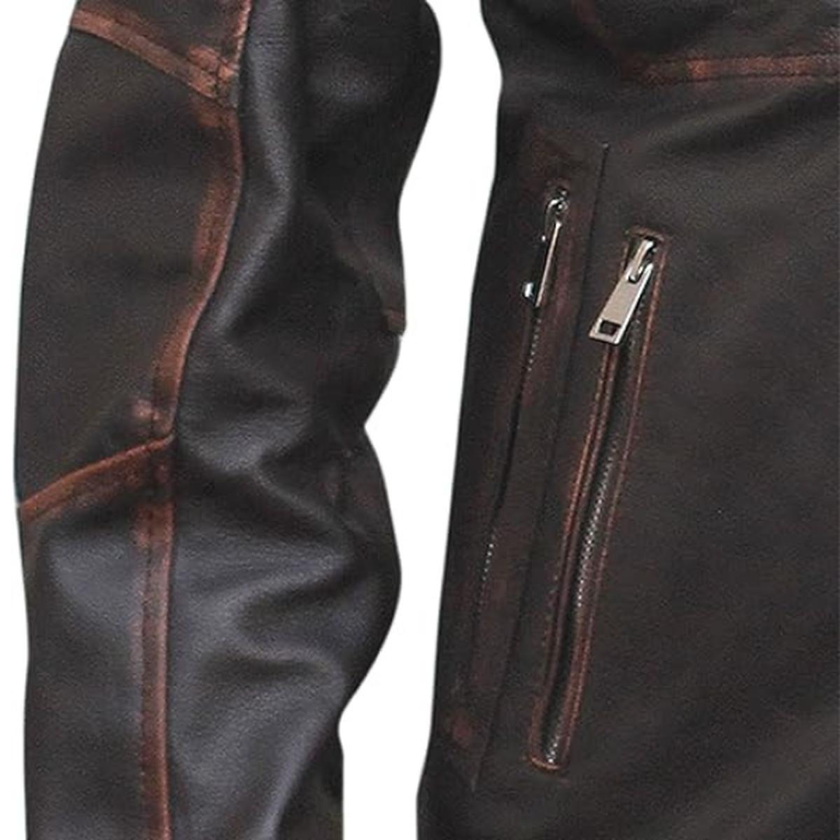 Veste en cuir véritable vintage pour homme, six poches, marron foncé, effet vieilli (4)