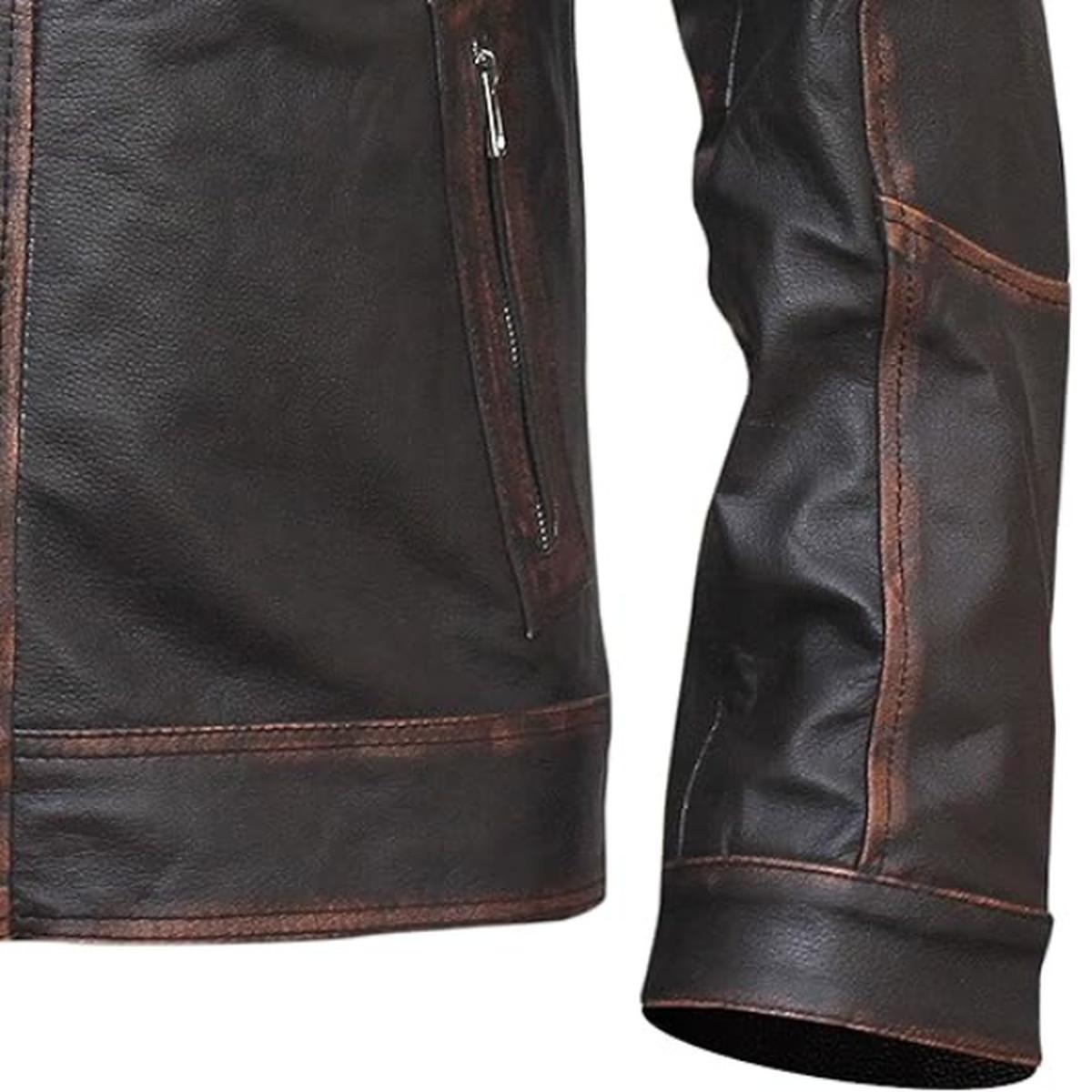 Veste en cuir véritable vintage pour homme, six poches, marron foncé, effet vieilli (5)