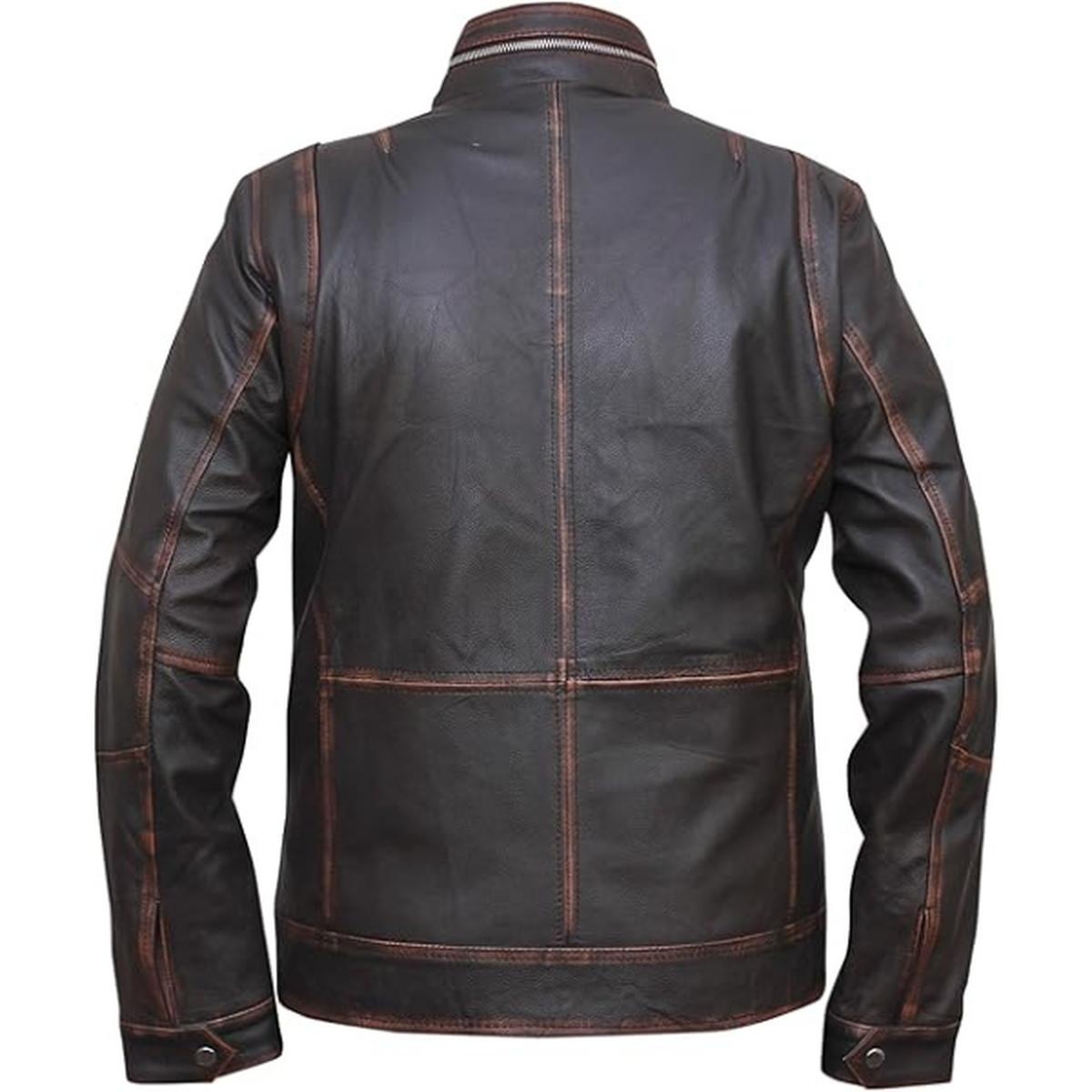 Veste en cuir véritable vintage pour homme, six poches, marron foncé, effet vieilli (6)