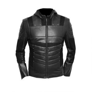 Giacca in pelle nera con cappuccio Arrow Oliver Green