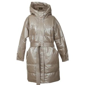 Manteau long en cuir véritable rembourré Aurora avec ceinture