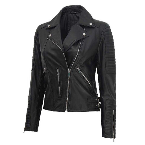 Veste de motard élégante en cuir véritable noir pour femme (4)