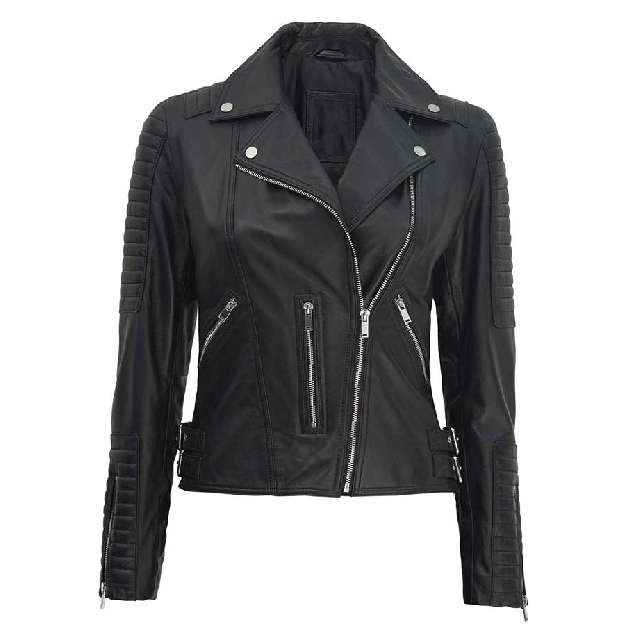 Veste de motard élégante en cuir véritable noir pour femme