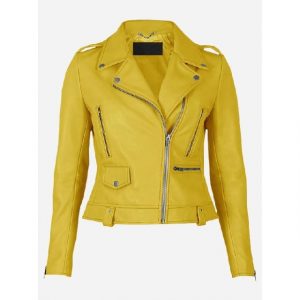 Giacca da motociclista in pelle di pecora gialla da donna