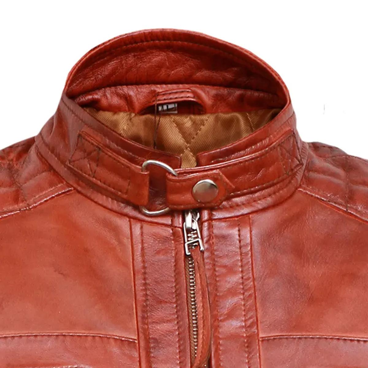 Veste de motard classique vintage en cuir véritable marron à motif diamant (2)