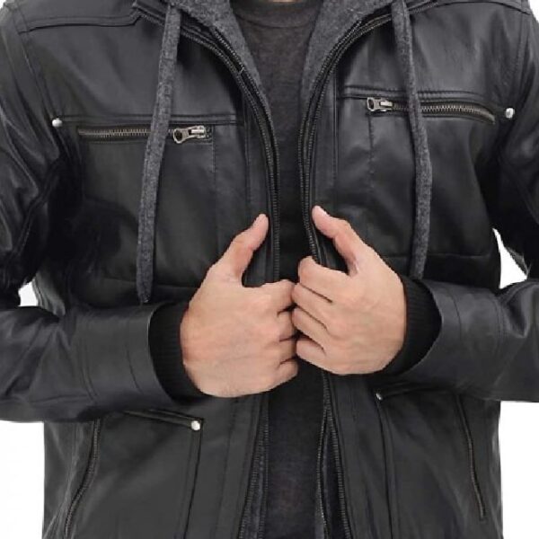 Veste à capuche en cuir véritable noir pour homme (5)
