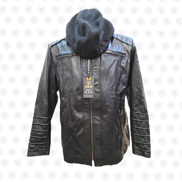 Blouson de motard en cuir véritable noir de créateur avec capuche (7)