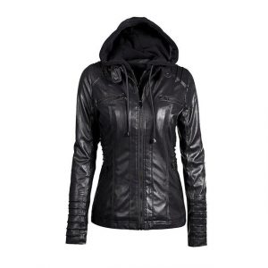 Blouson de motard en cuir véritable noir de créateur avec capuche