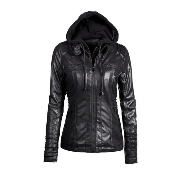 Blouson de motard en cuir véritable noir de créateur avec capuche (6)