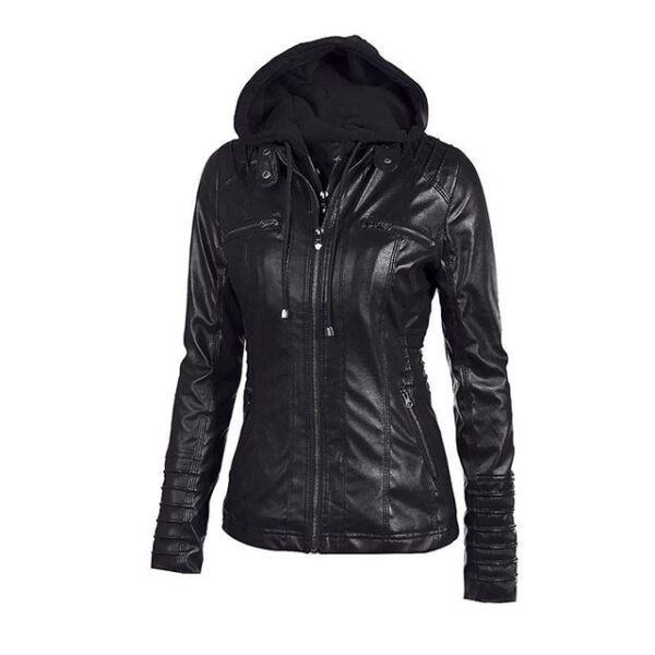 Blouson de motard en cuir véritable noir de créateur avec capuche (5)