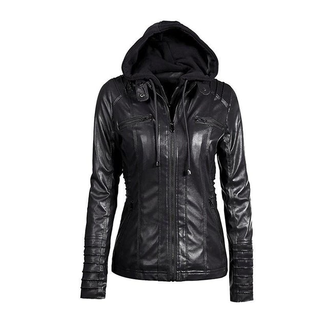 Blouson de motard en cuir véritable noir de créateur avec capuche