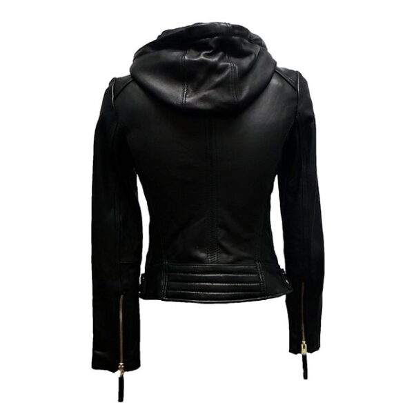 Veste de motard classique en cuir véritable pour femme avec capuche (3)