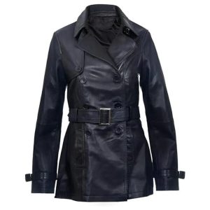 Manteau mi-long en cuir véritable noir