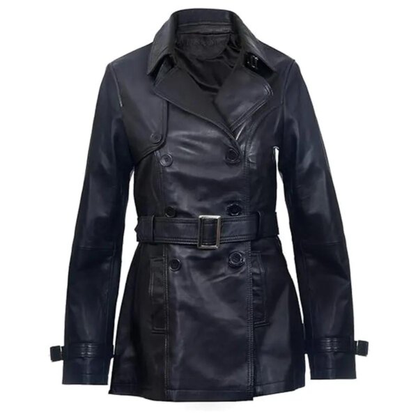 Manteau mi-long en cuir véritable noir