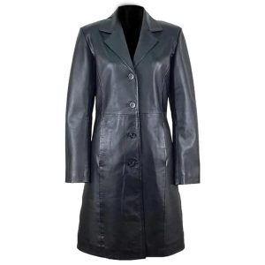 Trench-coat en cuir véritable noir à simple boutonnage