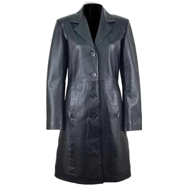 Trench-coat en cuir véritable noir à simple boutonnage