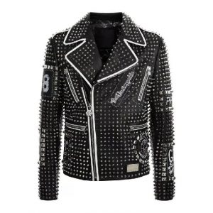 Blouson de motard en cuir véritable noir clouté