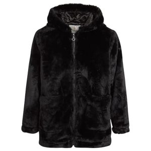 Manteau en fausse fourrure noire à capuche