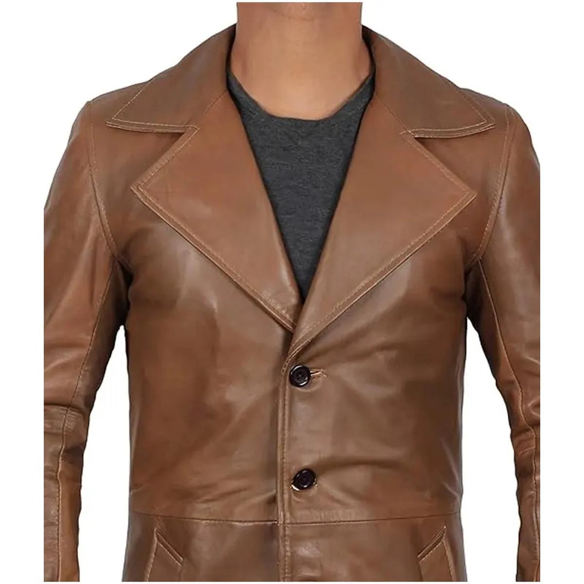 Trench-coat vintage en cuir véritable à larges revers (2)