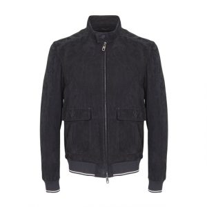 Giacca da motociclista in pelle scamosciata blu navy da uomo