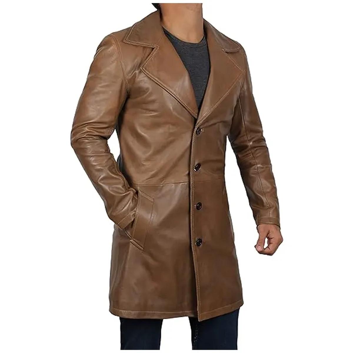 Trench-coat vintage en cuir véritable à larges revers (3)