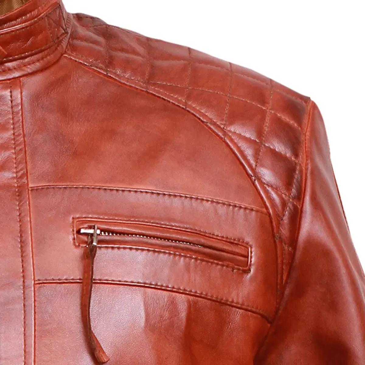 Veste de motard classique vintage en cuir véritable marron à motif diamant (3)