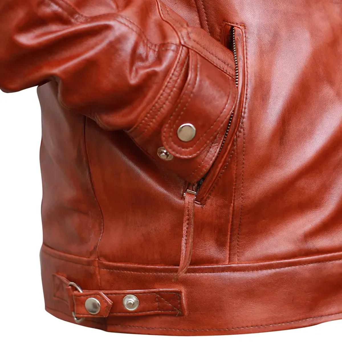 Veste de motard classique vintage en cuir véritable marron à motif diamant (4)