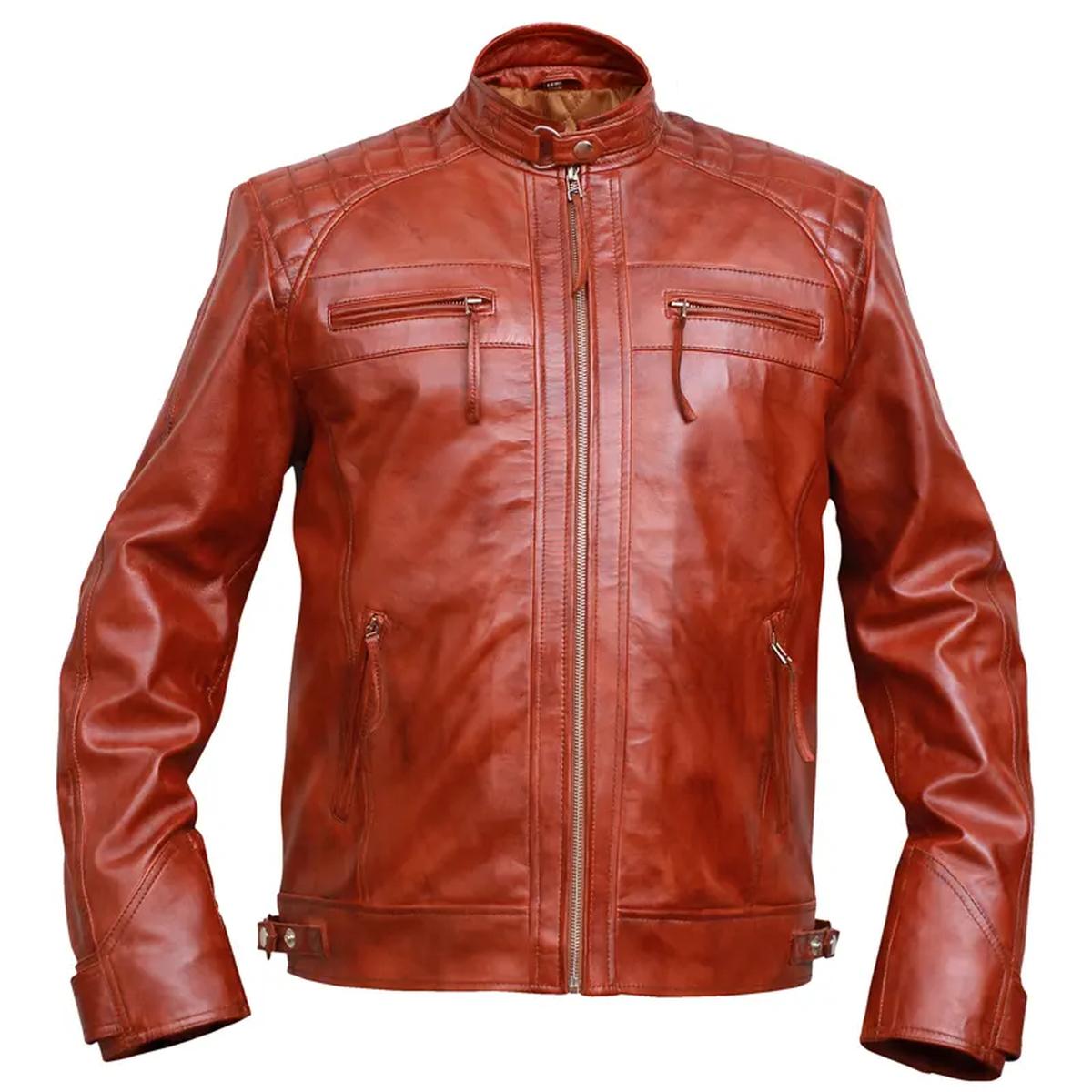 Veste de motard classique vintage en cuir véritable marron à motif diamant (5)