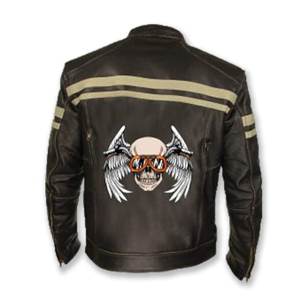 Veste de motard classique vintage en cuir véritable marron à motif de crâne (3)