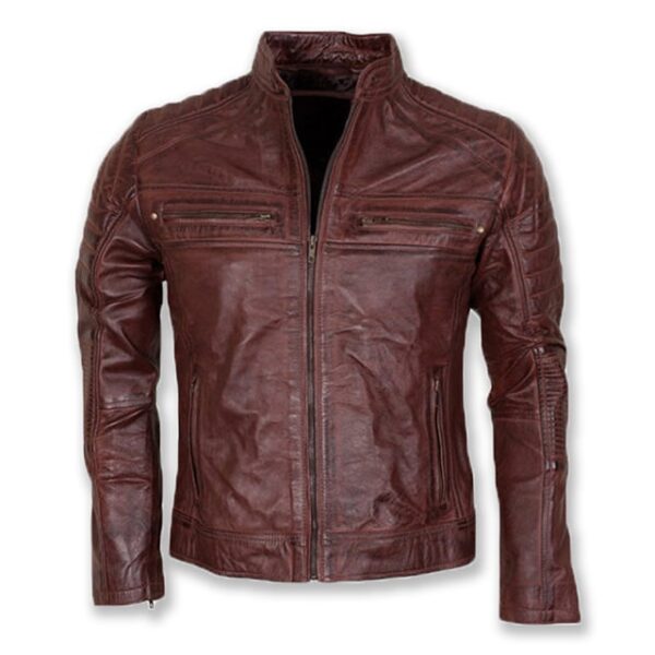 Veste de motard classique vintage pour homme en cuir véritable marron chocolat (2)