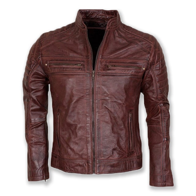 Veste de motard classique vintage pour homme en cuir véritable marron chocolat