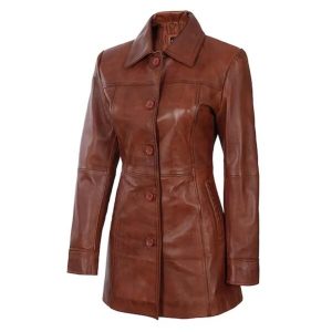 Manteau en cuir véritable ciré couleur cognac