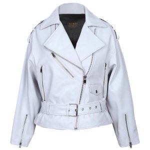 Giacca da motociclista classica in pelle di pecora da donna, bianca
