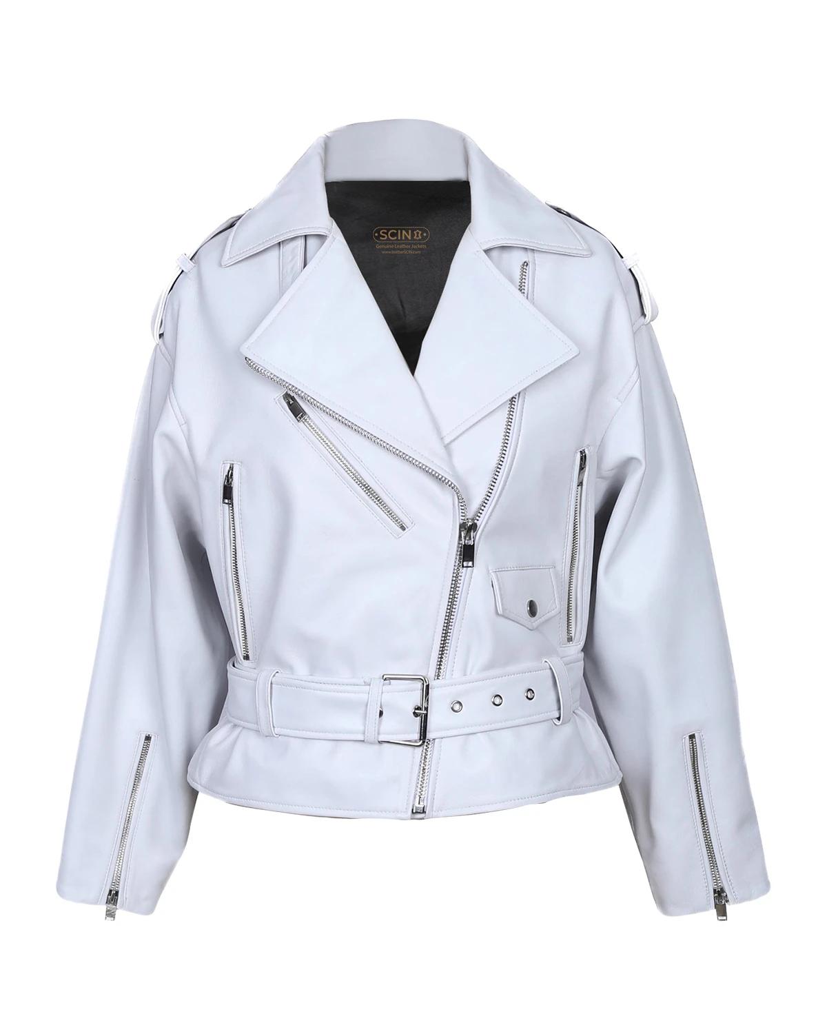 Veste de motard classique en peau de mouton pour femme, blanche