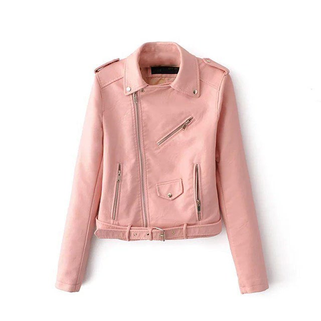 Veste de motard classique en cuir véritable rose pâle pour femme